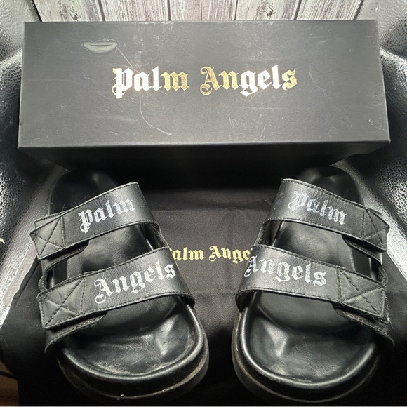 Palm Angels Shoes - PALM ANGELS Double Strap Leather Slide Sandals Black White Logo + Box & Dust Bag